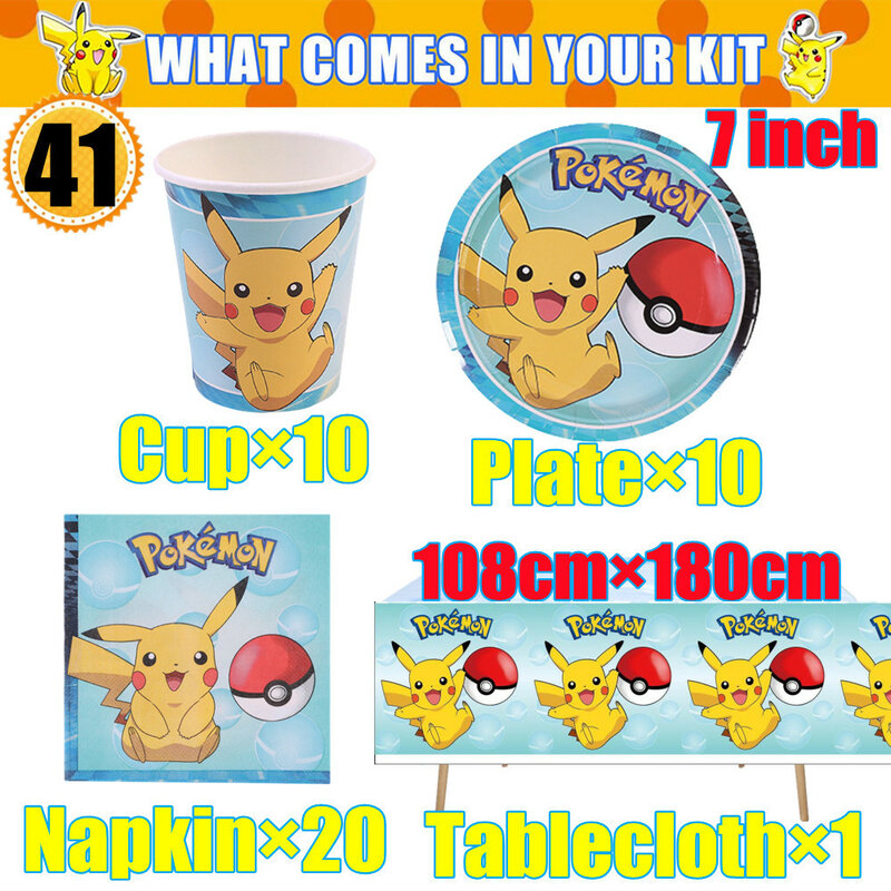 Decoraciones de fiesta de cumpleaños de Pokémon para niños, mantel de Pikachu de dibujos animados, vajilla desechable, taza, plato, servilletas, juego de suministros de fiesta