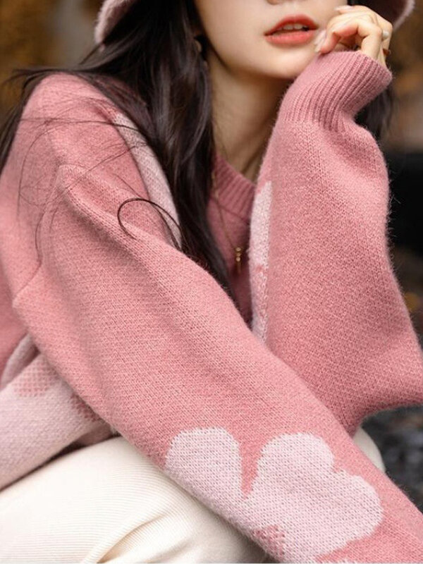Herfst Winter Trui Vrouwen Koreaanse Mode Gebreide Pullover Dames Lieve Elegante Bloemenprint Trui Dames Chique Losse Truien