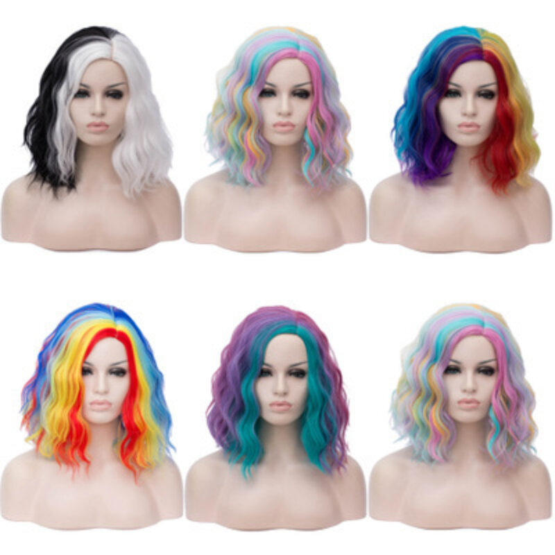 Fashion Halloween Parted Bubble Colored Short Curly Hair for Women Loose Synthetic Wig Heat Resistant Fiber Suitable for Cosplay