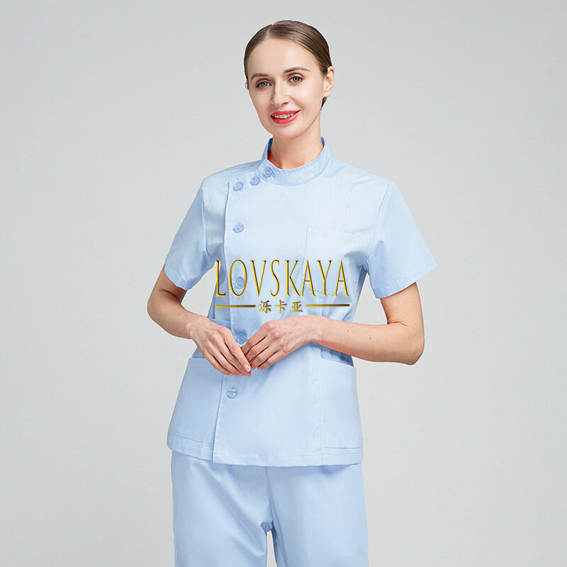 女性用半袖フィットセット,韓国語版,看護ユニフォーム,大きなボタン,歯科病院作業服