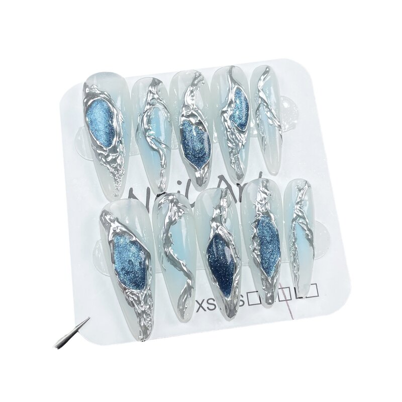 10Pcs Long Stiletto Blue Fake Nails Handmade Heavy Metal Press on Nails Glitter Wearable False Nails Y2K Girls DIY Manicure