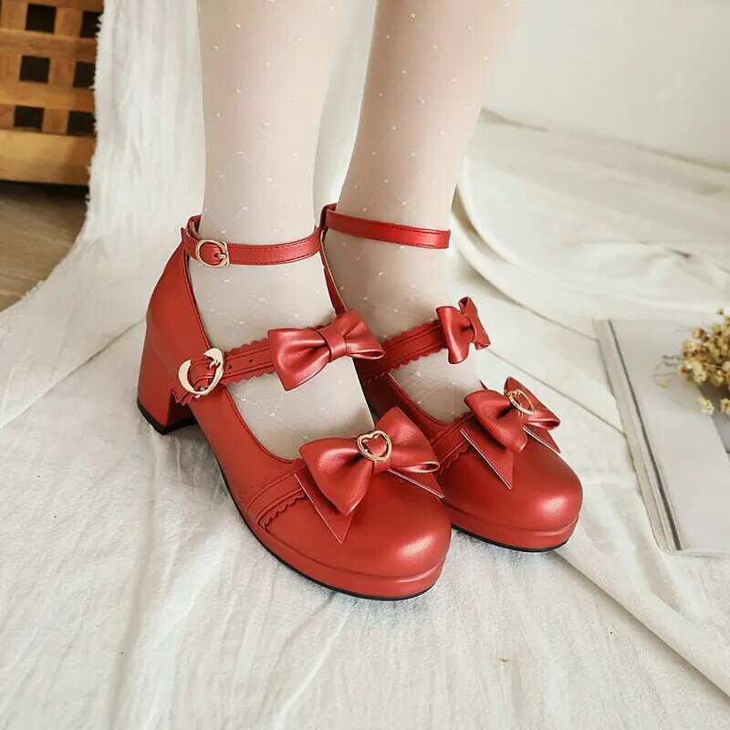 Sepatu anak perempuan hak tinggi wanita sepatu Lolita sepatu hak tinggi berenda merah sepatu Mary Jane sepatu hak tebal pita sepatu pesta wanita 31-43