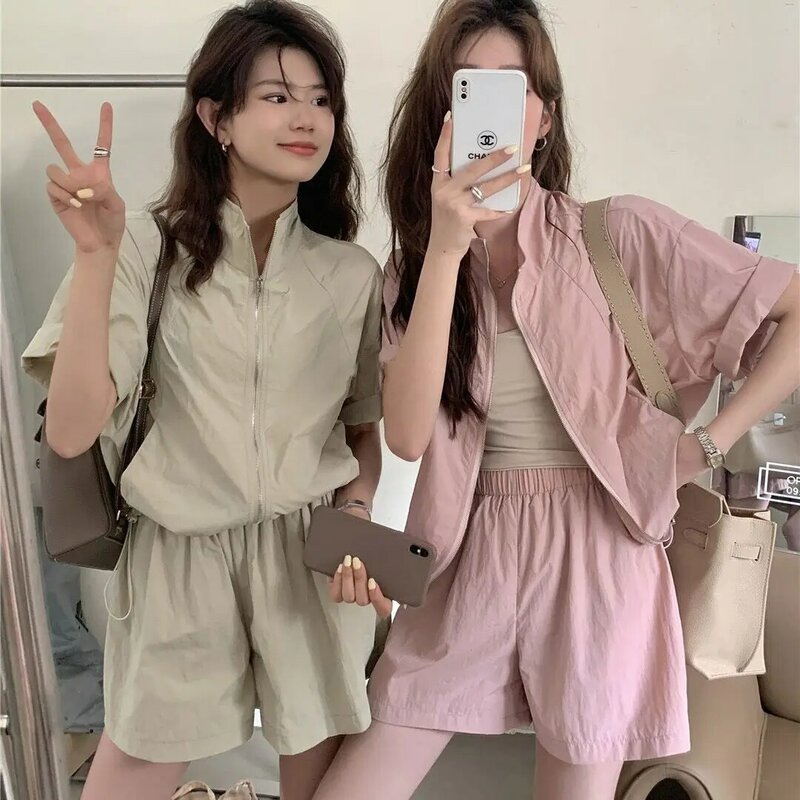 Sommer neue chinesische Freizeit sport Set Frauen lose rosa Sonnencreme Kleidung leichte und dünne Shorts zweiteiliges Set für Frau