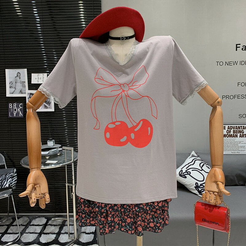 Loszittende Kanten Rand Patchwork Veelzijdig T-Shirt Met Elastische Taille Met Bloemen A-Lijn Rok Tweedelige Set Femininos Elegantes