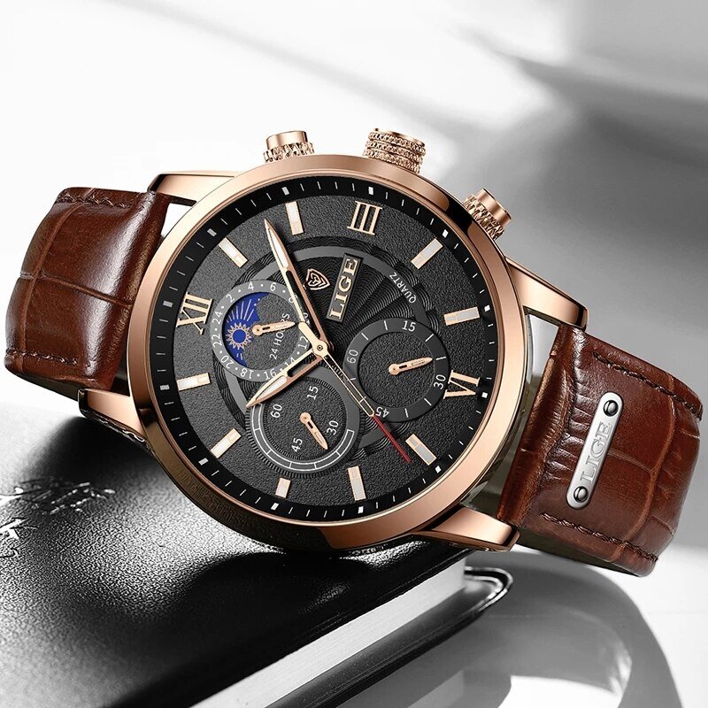LIGE 2024 New Mens Watches Top Brand Luxury Brown Leather Casual Quartz Watch Men Sport Waterproof Clock Watch Relogio Masculino