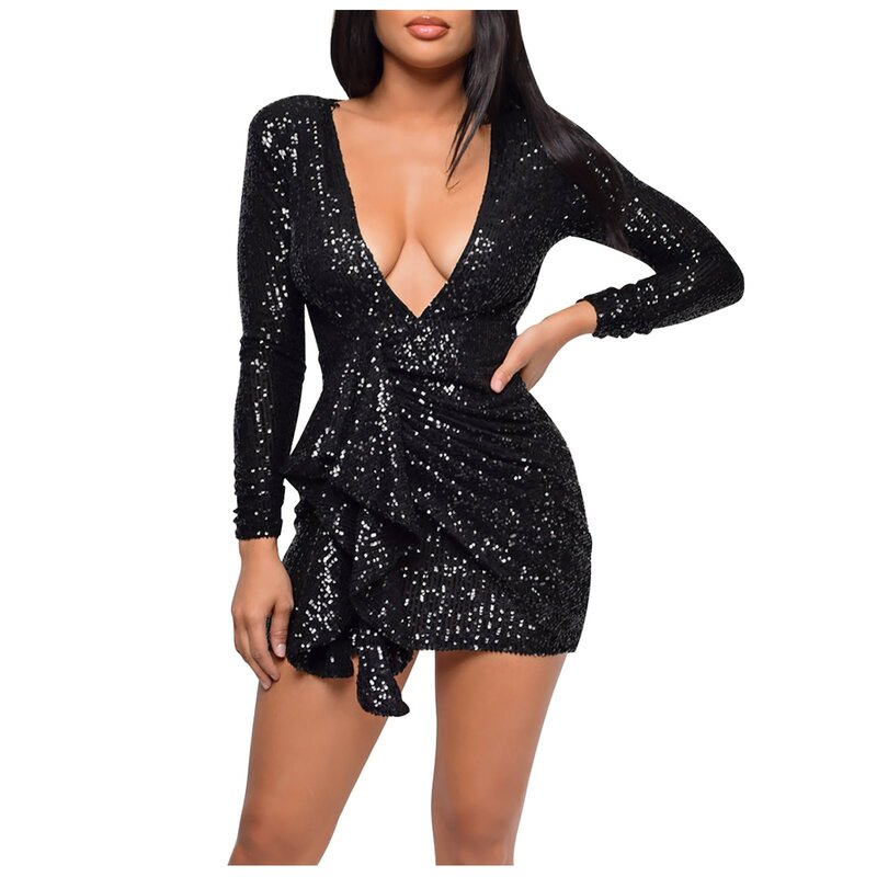 Abiti per le donne 2024 signore profondo scollo a V Shinny Glitter paillettes manica lunga moda Casual abiti da ballo elegante Club Party Dress