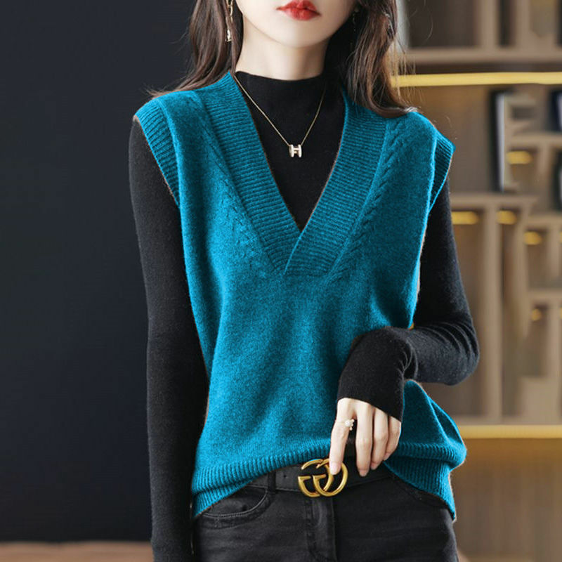 Modny damski sweter z dekoltem w serek, jednolity kolor, na jesień, nowe, luźne pulowery w stylu Casual, bez rękawów, gwint, bluzki z dzianiny, 2022