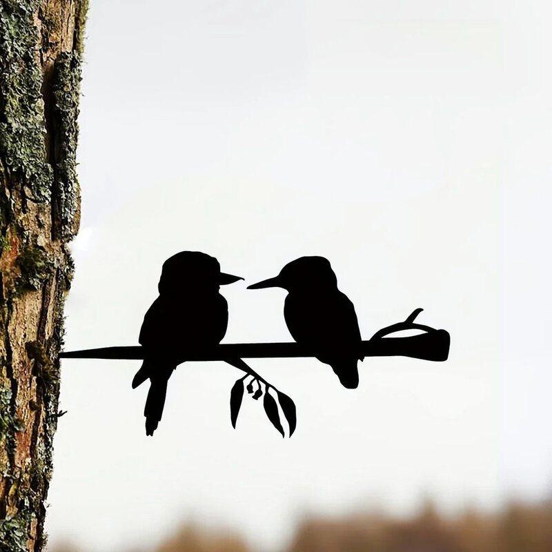 Silhouette d'art mural en métal avec deux oiseaux sur branche, artisanat en fer, statue d'extérieur, décor de pieu, cadeau chauffant 007, maison et jardin