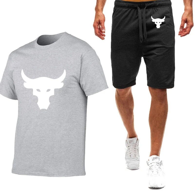2024 Summer Men's Dwayne Johnson Brahma Bull Tattoo Logo Printed Fashion Round Neck Short Sleeve Tops+Popular Sports Shorts Sets