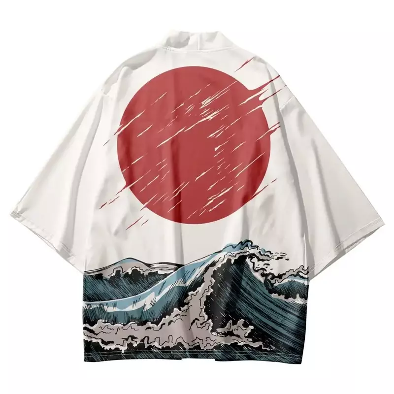 Kimono motif gelombang pantai, baju kardigan tradisional pakaian jalanan, baju lengan 2024, Kimono Yukata mode Haori, baju pantai musim panas 3/4 untuk pria dan wanita