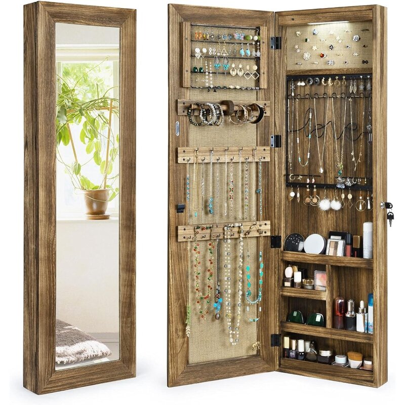 Armário de jóias de madeira maciça com espelho, organizador jóias, parede e porta montada, carbonizado preto, comprimento total