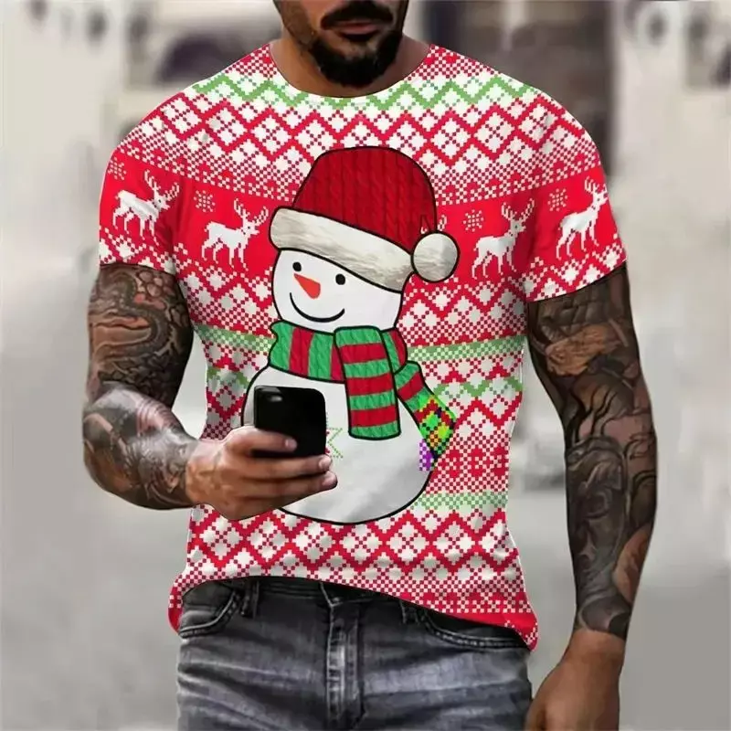 Kaus lengan pendek pria, kaus natal ukuran besar mode Harajuku kasual kerah O cetak Santa Claus