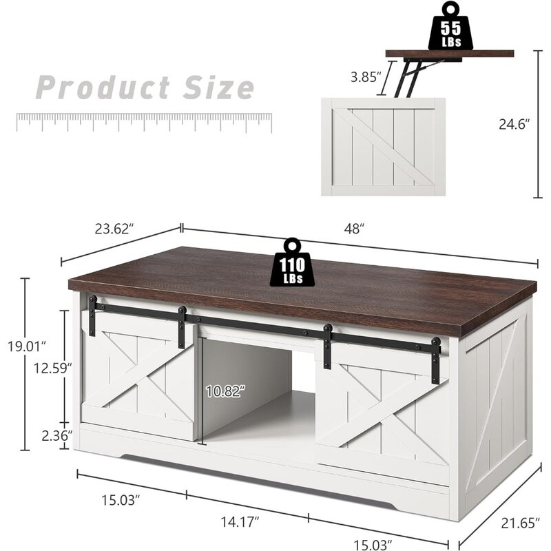 커피 테이블 리프트 탑, 보관함 포함, 흰색 커피 테이블, 리프팅 탑, 48 인치 리프트, 생활용 커피 테이블
