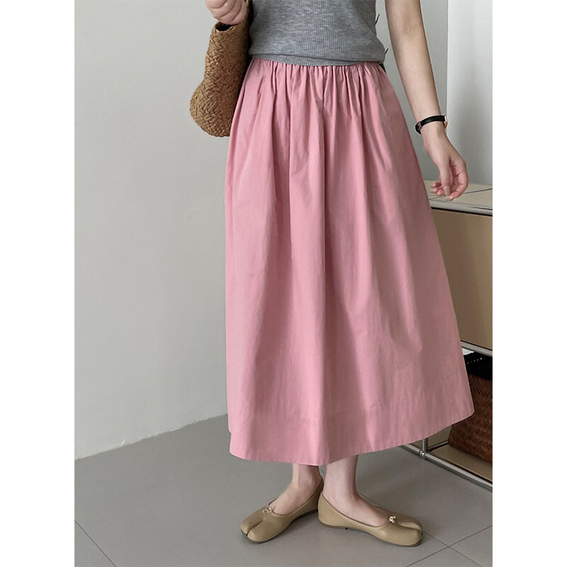 Sommer reine Baumwolle Taschen röcke hohe elastische Taille koreanische lässige A-Linie Midi Röcke