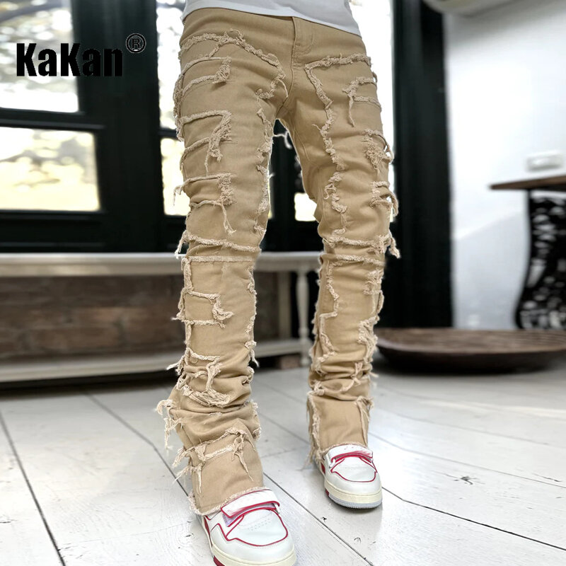 Kakan-jeans stretch patch para homens, stretch e straight fit, stretch, estilo europeu e americano, roupas de rua longas, 16 3001