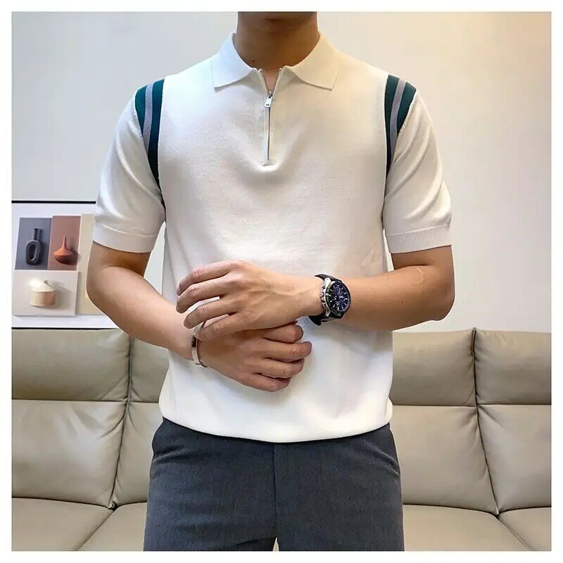 Kaus Polo lengan pendek pria, atasan tipis kasual trendi Vintage tambal sulam ritsleting kerah padat sederhana Mode Korea musim panas