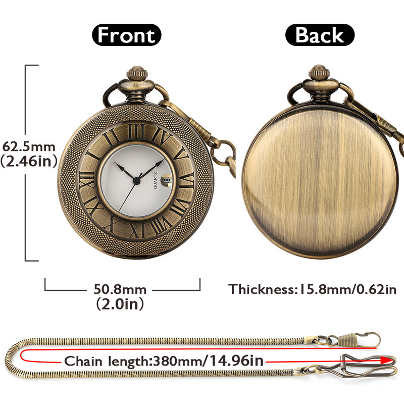 นาฬิกาพกมีตัวเลขแบบมินิมอลโรมันนาฬิกาควอตซ์แบบพกพาพร้อมปฏิทินนาฬิกาจี้คู่สีดำ/ทอง/เงิน/บรอนซ์