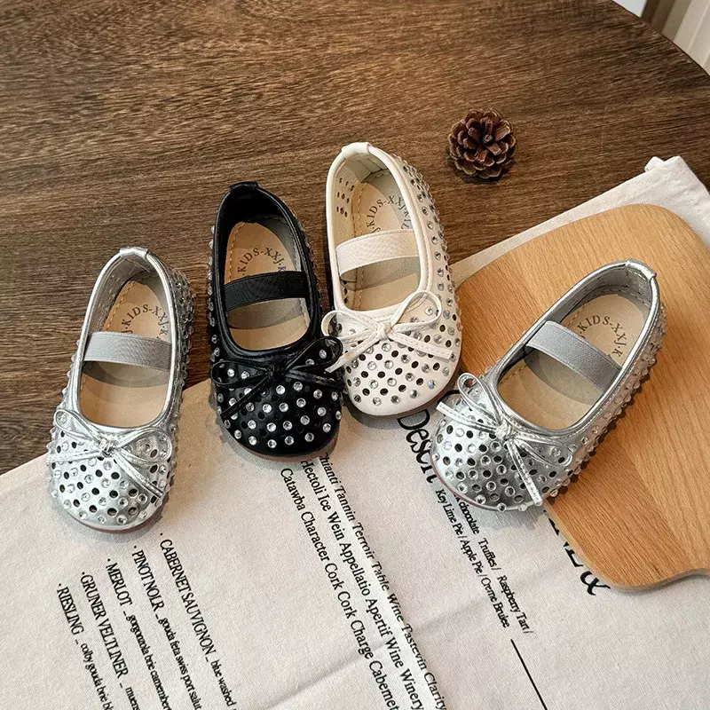 Children Sandals for Girls 2024 Summer New Cut-outs with Rhinestone Bowtie Fashion Breathable Soft Sole Princess Leather Shoes