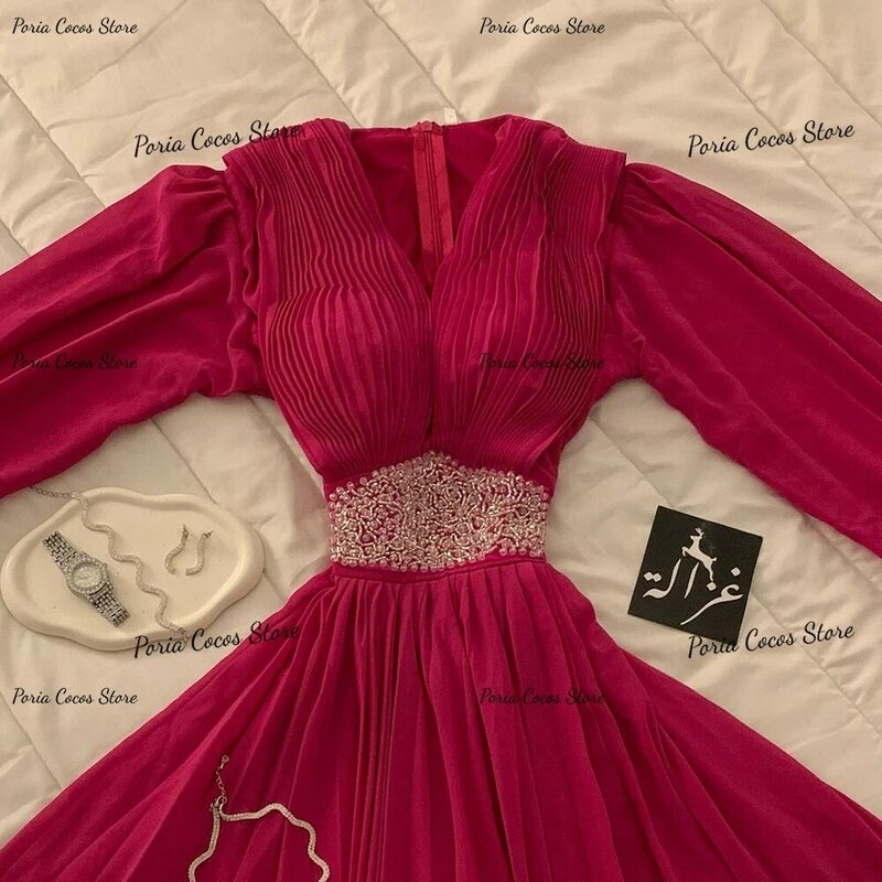 Vestidos de Fiesta de manga larga con cuello en V, vestido de noche de estilo Vintage de Oriente Medio plisado, 2023