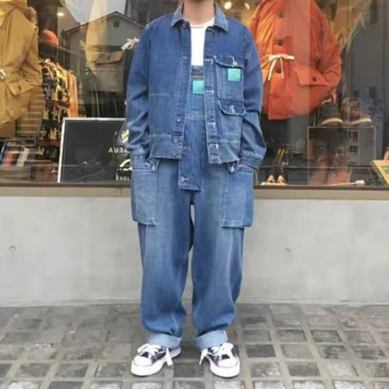 Pakaian Ayah Perkakas Pria Desain Kardigan Ritsleting Jalan Amerika Retro Ami Denim Khaki Jumpsuit Suspender Longgar