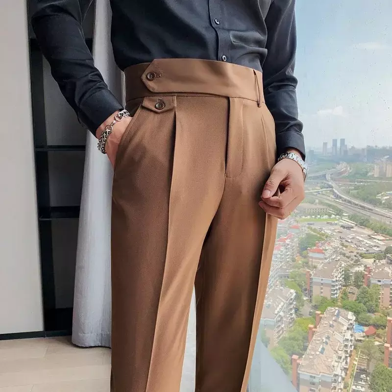Calça de fato de cintura alta sólida masculina, calça formal de escritório casual justa, alta qualidade, nova, 2023