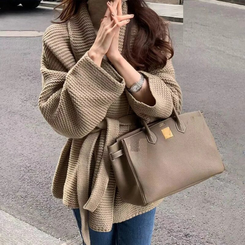 2023 Women Autumn Sweater Cape Coat Long Sleeve Thick Cardigans With Belt Women Knitted Warm Coat Tops Winter Clothes