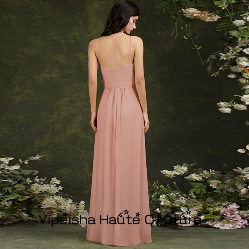 Yipeisha-스파게티 스트랩 베이비 핑크 하이 슬릿 신부 들러리 드레스, 쉬폰 2022 스트랩리스 민소매 웨딩 파티 가운, 신제품