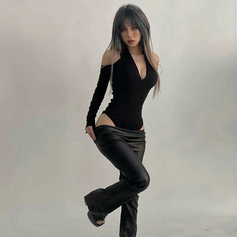 Pakaian Backless pembentuk tubuh seksi wanita warna polos Jumpsuit olahraga hitam V dalam Fashion musim panas baru