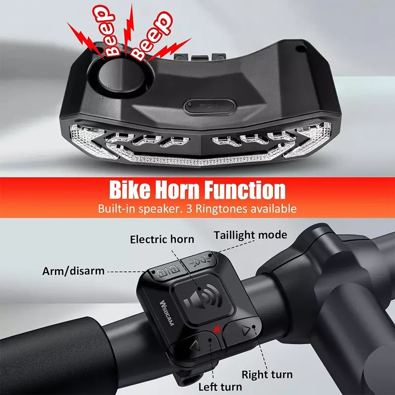 WSDCAM Enquêter arrière de vélo intelligent avec clignotants, capteur de frein, alarme à distance sans fil, feu arrière de vélo