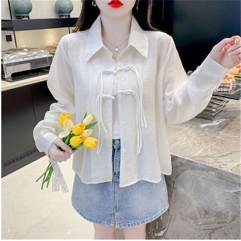 Letnia damska nowa chińskie w stylu Retro klamra odzież chroniąca przed słońcem damska z długim rękawem cienka szyfonowa koszula damska sweter na zewnątrz