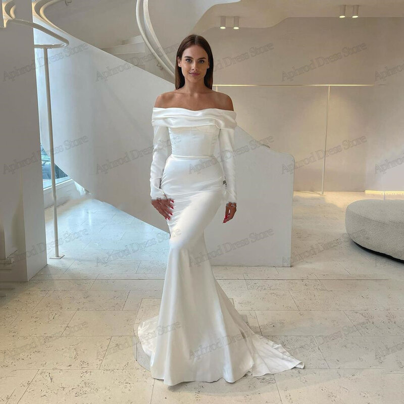 Женское атласное платье-футляр It's yiiya, белое платье с открытыми плечами, длинными рукавами и юбкой годе на лето 2019
