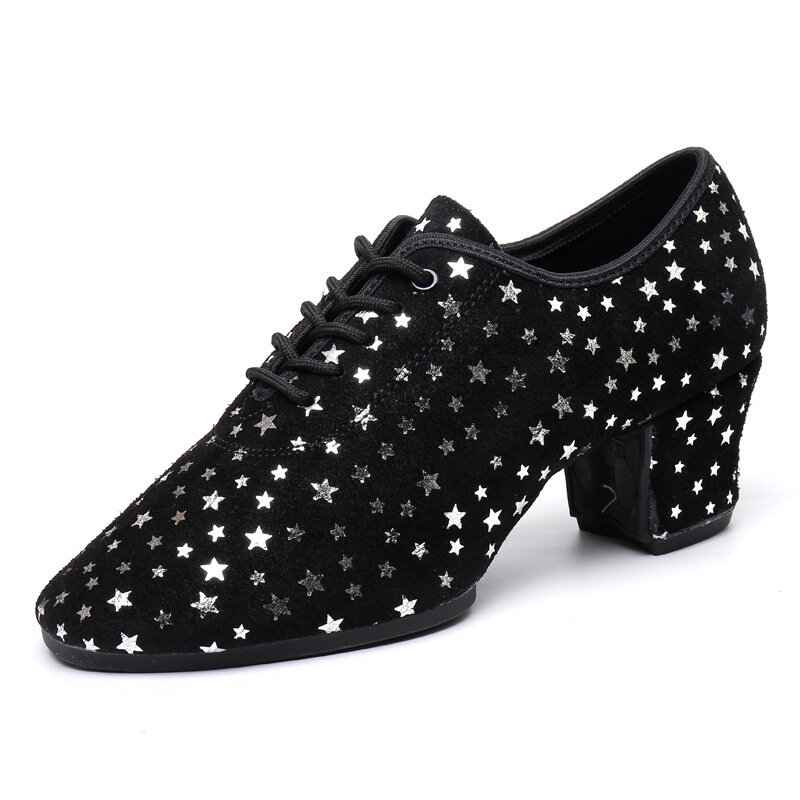 Туфли женские замшевые с квадратными звездами на среднем каблуке