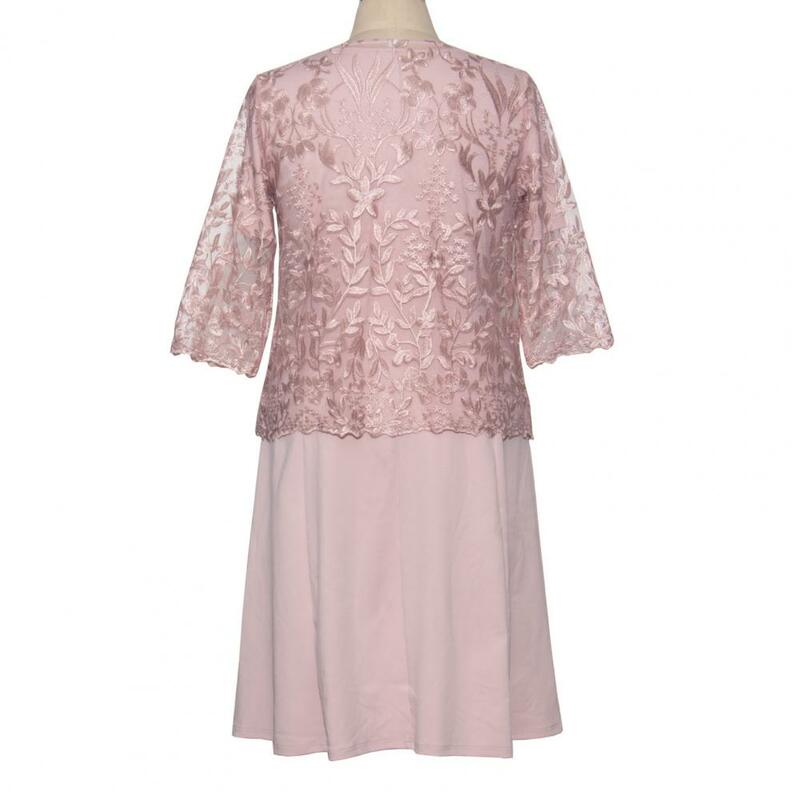 2Pcs/Set Women Dress Plus Size Party O-neck Short Sleeve Loose Hem Hollow Out Embroidery Lace Floral Cover Up Shawl Set vestidos