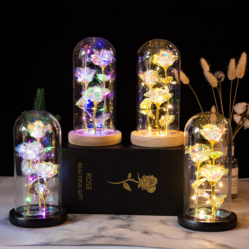 Flor de Rosa Artificial con luces LED, iluminación alimentada por batería, cúpula de cristal, regalos de cumpleaños, 21CM