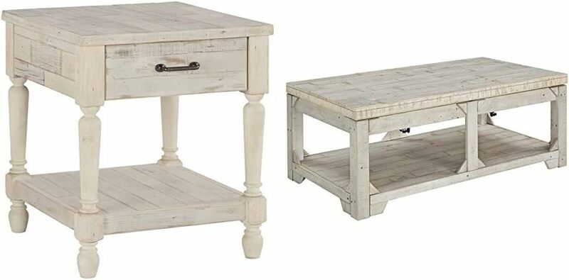 Tavolino da fattoria in legno massello di pino + tavolino da caffè rettangolare con ripiano da pavimento, finitura stagionata sbiancata