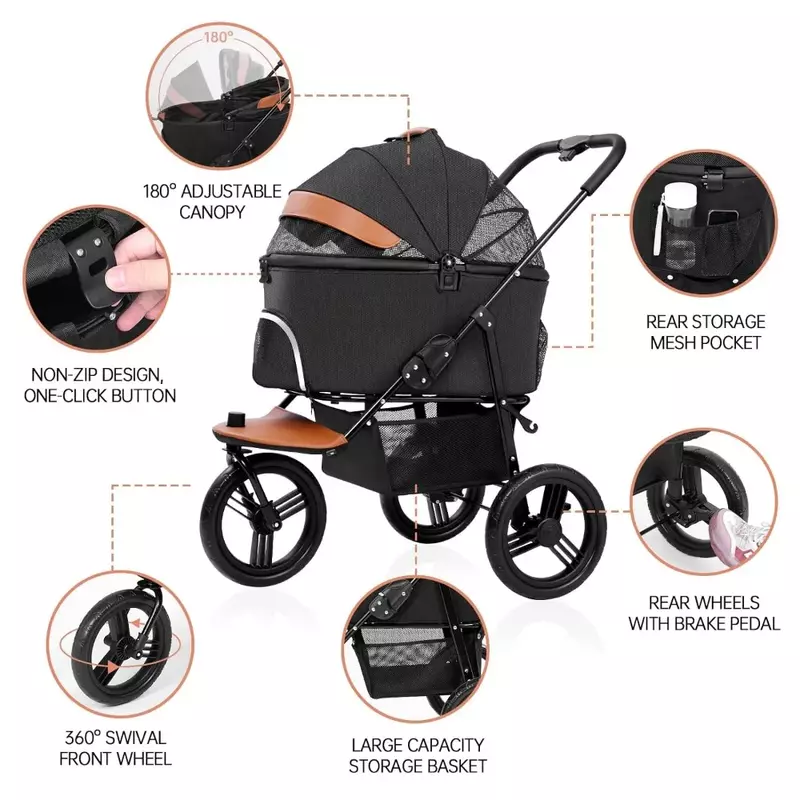 Dog Stroller for Medium Small Dogs, 3in1 Pet Stroller Zipperless Dog Cat Jogger Stroller 3 Wheels with Detachable Dog Carriage