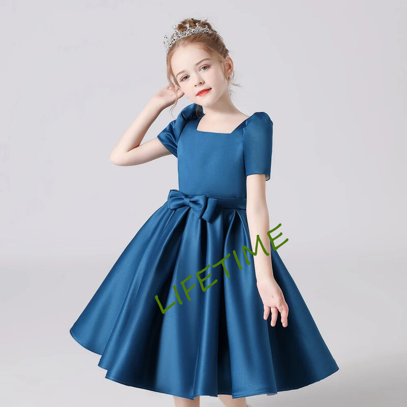 Gaun Formal anak perempuan, gaun pendek Satin elegan sederhana panjang selutut untuk pesta ulang tahun konser Junior