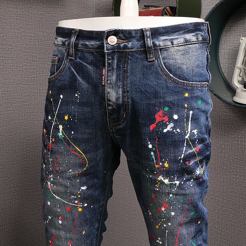 Pantalones vaqueros rasgados para Hombre, Jeans elásticos, ajustados, Retro, diseño pintado, Hip Hop, moda urbana, azul