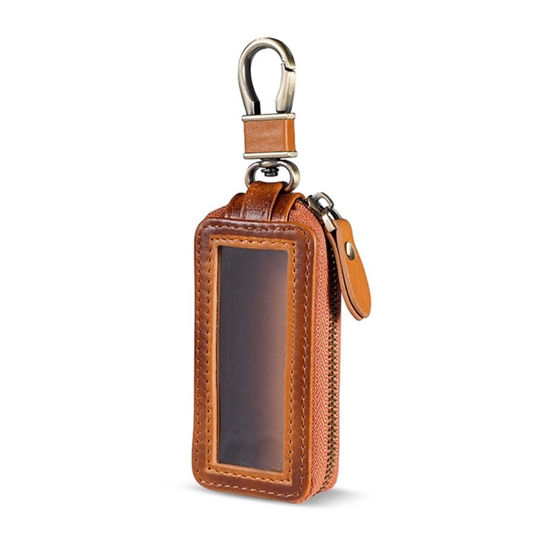 Car Key Bag Leather Car Key Holder Leather Key Fob Bag with Metal Hook and Keyring Zipper Bag for Remote Key Fob