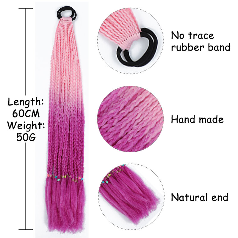 AZQUEEN cincin rambut sintetis 24 inci wanita, hiasan rambut poni kepang kotor dengan tali karet warna gradien