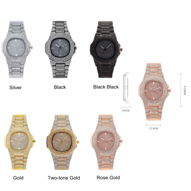 トップブランドの高級ダイヤモンドの腕時計男性の女性のファッションヒップホップアイスアウト腕時計クォーツ腕時計日付レロジオのリロイドロップ無料
