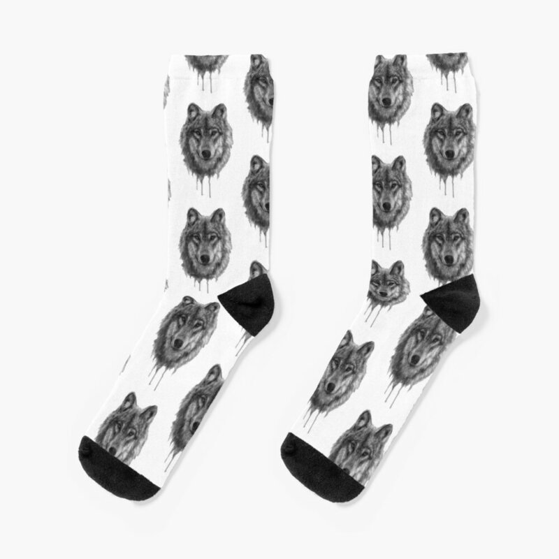 Calcetines de algodón con estampado de lobo en blanco y negro, medias artísticas de acuarela