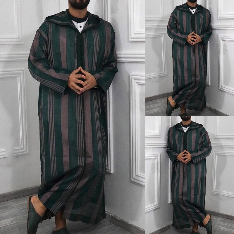 Bata de manga larga con capucha para hombre, caftán musulmán de retales a rayas árabes saudíes, ropa de Dubái y Jubba, Dishdash