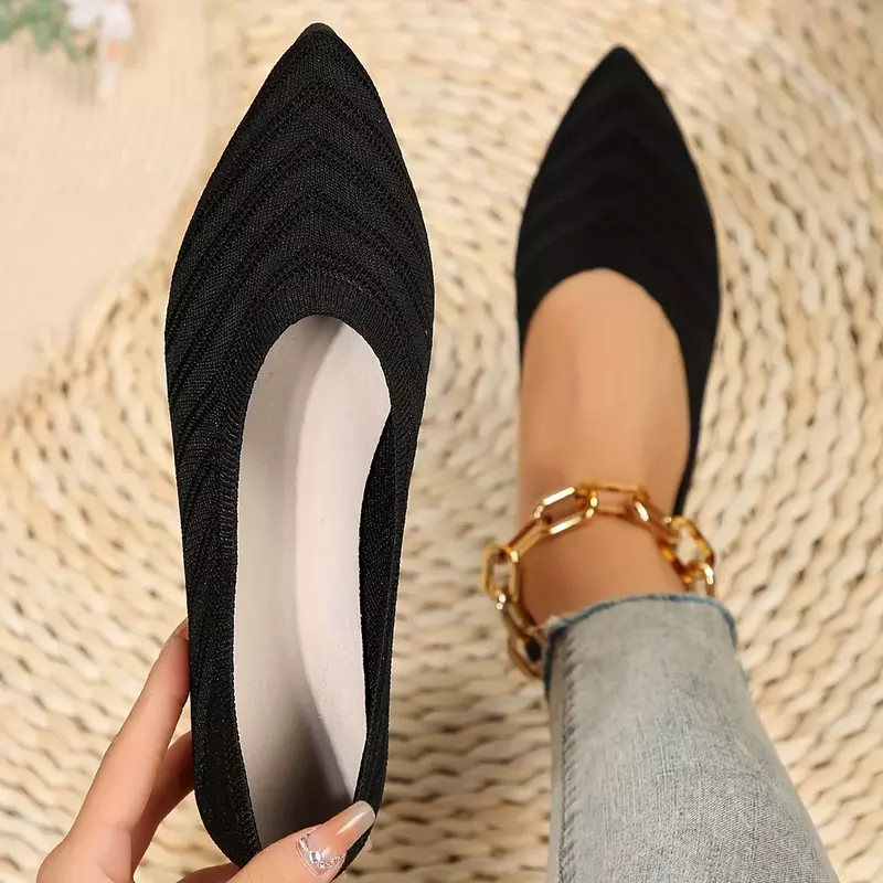 รองเท้าส้นแบนหัวแหลมสำหรับผู้หญิงรองเท้าบัลเล่ต์แบบถักสำหรับผู้หญิงรองเท้าส้นเตี้ย Comfort ระบายอากาศลำลอง sepatu SLIP ON ถักสีพื้น