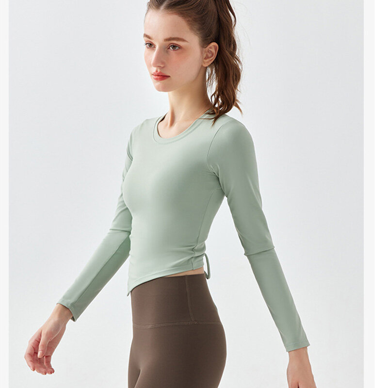 Asymmetrisch Yoga Shirt Met Trekkoord Voor Dames, Lycra Fitness Top Hardloop-En Vrijetijdskleding Met Lange Mouwen