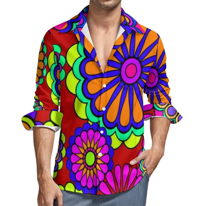 قمصان رجالية ملونة طويلة الأكمام بالزهور ، بلوزات برسومات زهور عرقية ، ملابس عتيقة ، قمم بطباعة ثلاثية الأبعاد ، موضة جديدة ، الربيع ، Y2K