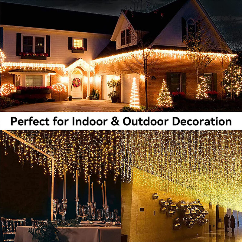 야외 방수 LED 커튼 고드름 요정 스트링 라이트, 라마단 크리스마스 장식, 가정용 거리 화환, 겨울