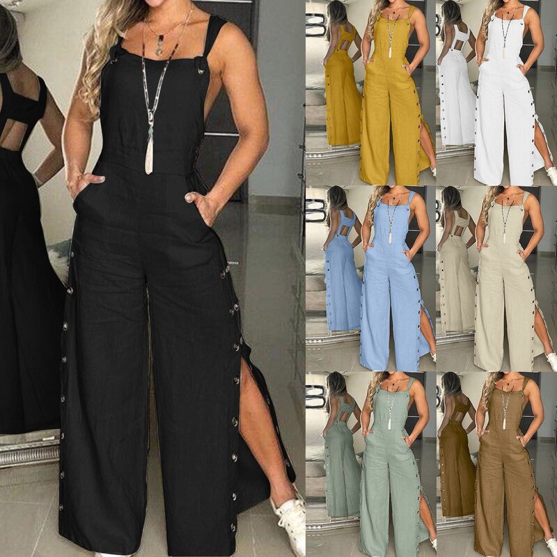 Women's Summer Sleeveless Lace Up Jumpsuit Side Button Opening Loose Long Pants Women Playsuit Fashion Casual Wear For Lady