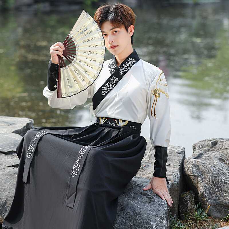 Hanfu gaun Hanfu bordir tradisional pria, pakaian rakyat Tiongkok, kostum Cosplay Halloween pendekar Dinasti Han