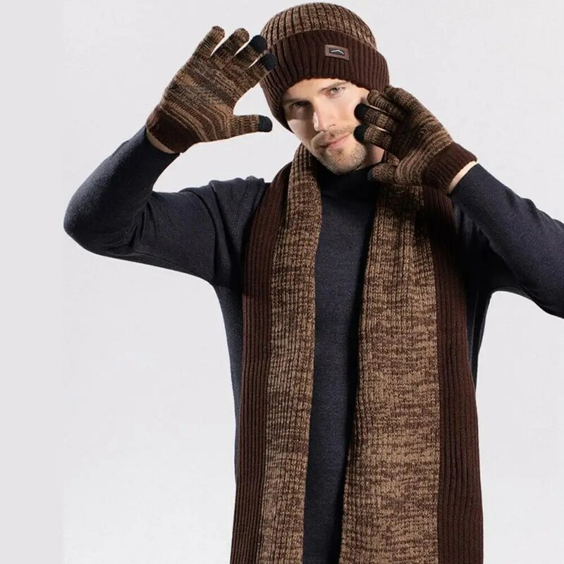 Chapéu e cachecol forrado de lã ultragrosso masculino, gorro quente, super macio, à prova de vento longo, inverno